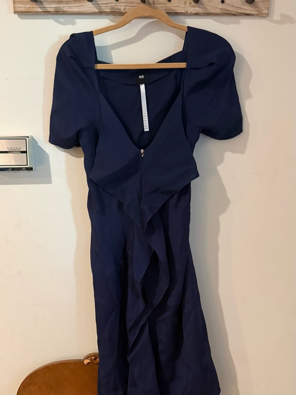 Navy Midi Dress with V-Neck and Ruffle Front